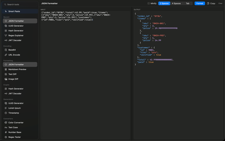 JSON formatter with pasted payload and formatted output