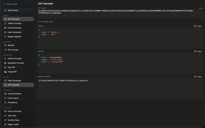 JWT decoder with header, payload and signature panels