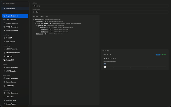 Regex explainer showing an AST tree and NFA trace