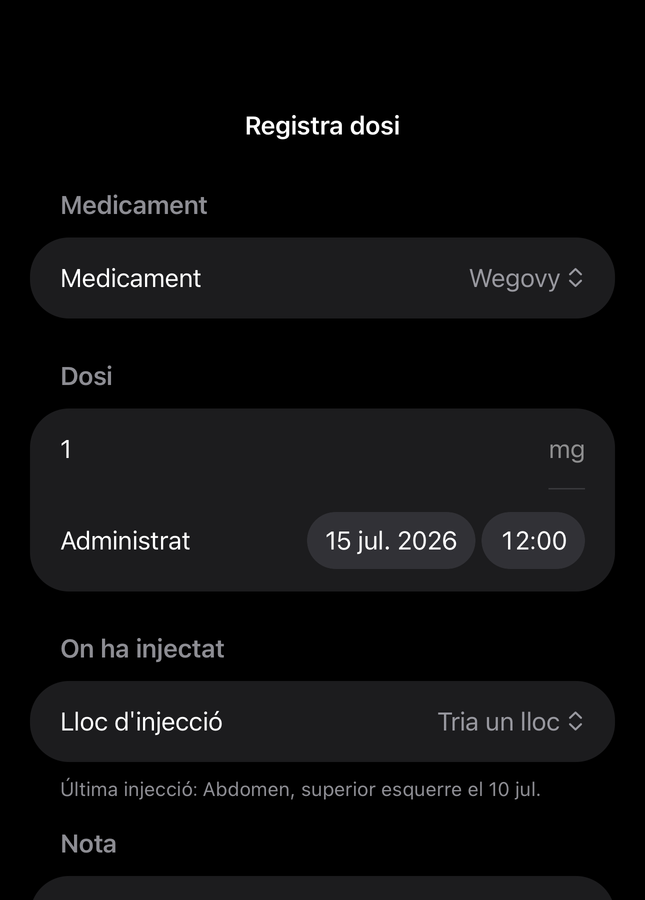 Formulari de dosi de Dial amb camps de medicament, quantitat, hora i lloc d’injecció