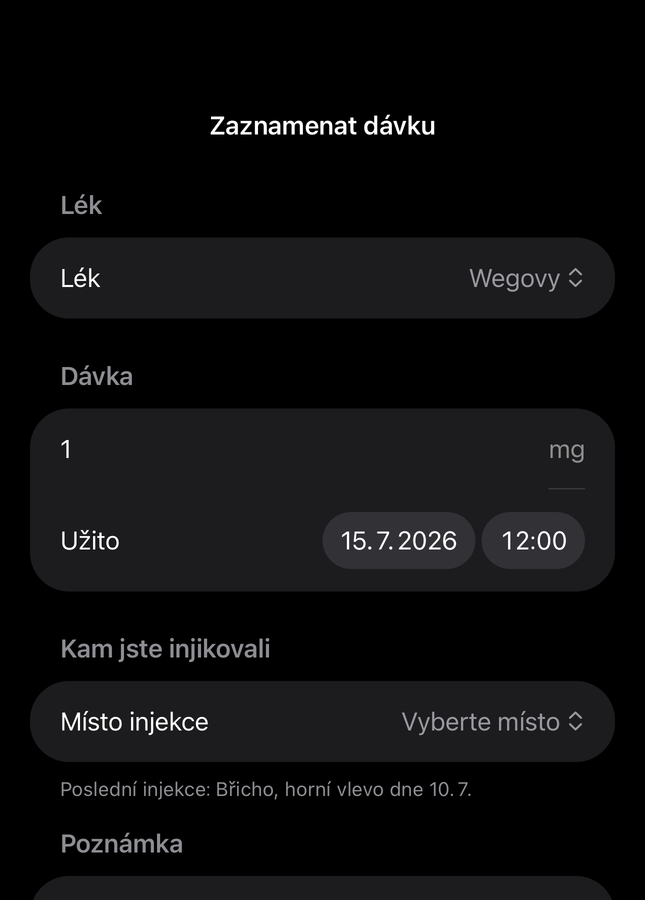 Formulář dávky v Dial s poli pro lék, množství, čas a místo vpichu