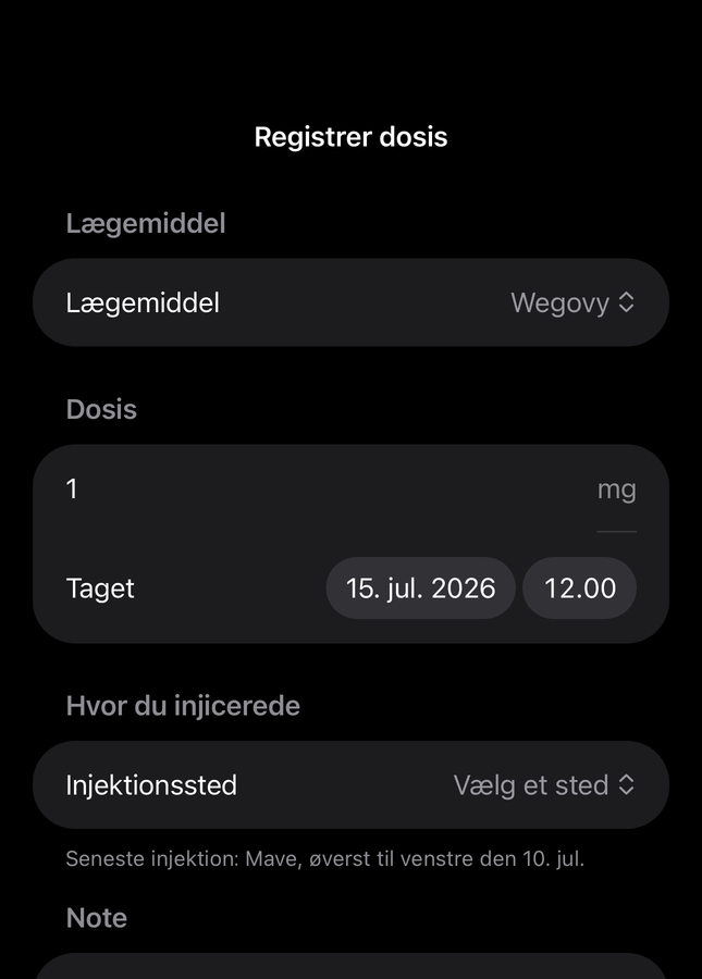 Dial-dosisformular med felter til medicin, mængde, tid og injektionssted