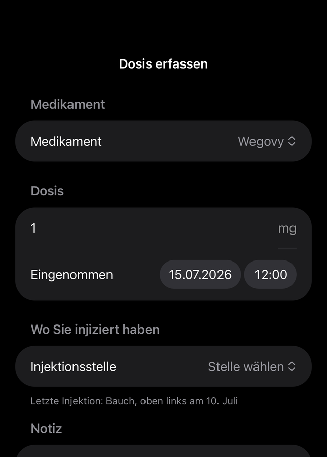 Dial-Dosisformular mit Feldern für Medikament, Menge, Uhrzeit und Injektionsstelle