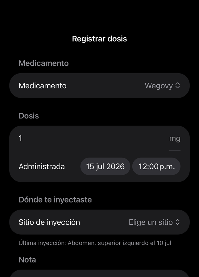Formulario de dosis de Dial con los campos de medicamento, cantidad, hora y sitio de inyección