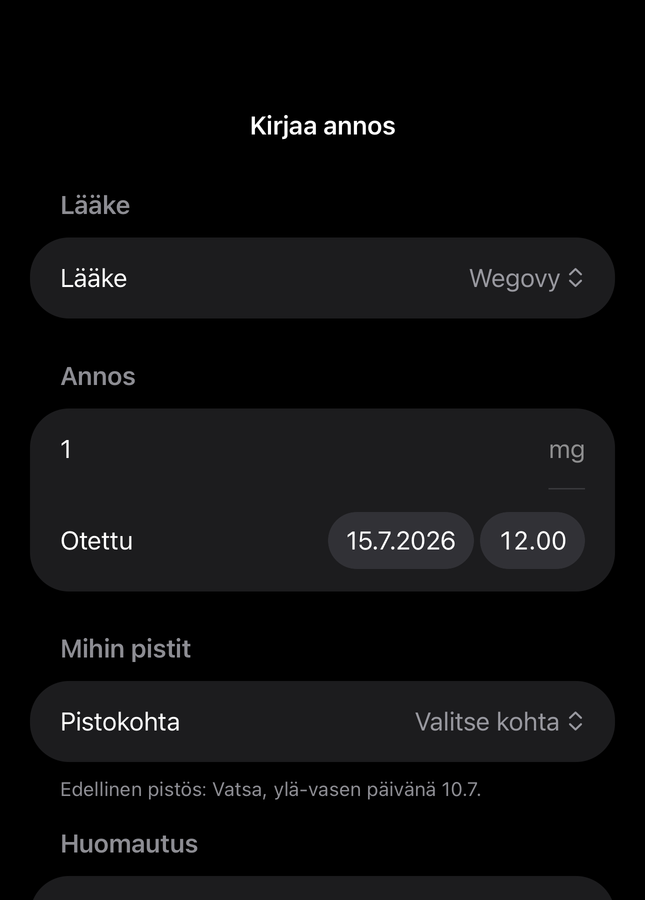 Dialin annoslomake kentillä lääkkeelle, määrälle, ajalle ja pistoskohdalle