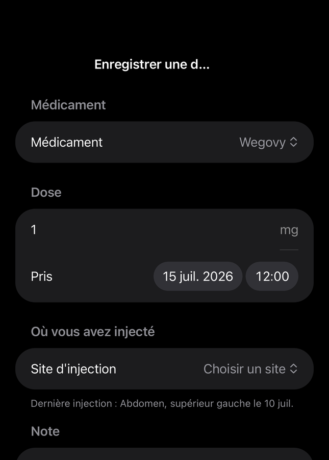 Formulaire de dose Dial avec les champs médicament, quantité, heure et site d'injection