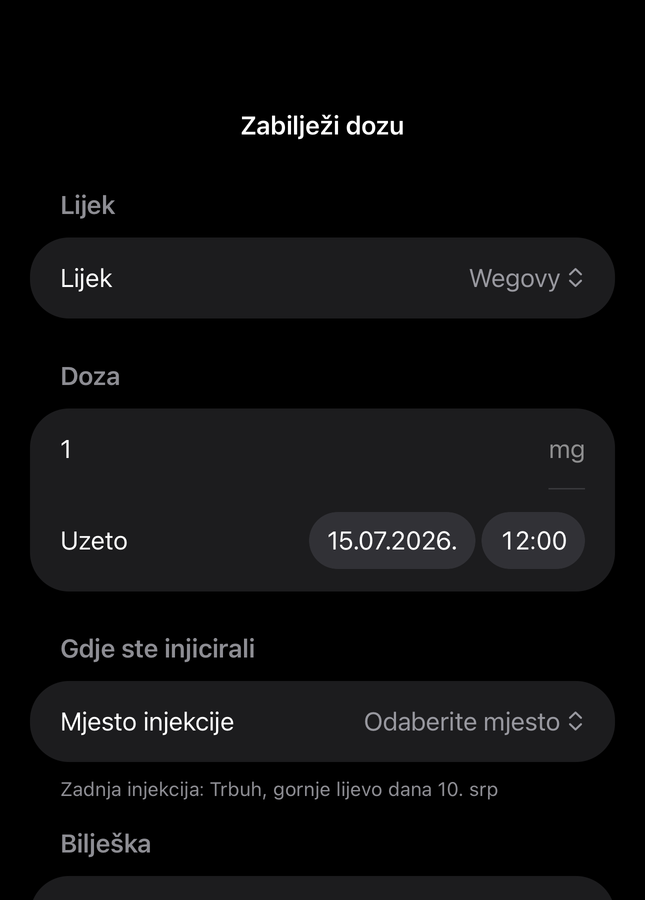 Obrazac doze u Dialu s poljima za lijek, količinu, vrijeme i mjesto injekcije