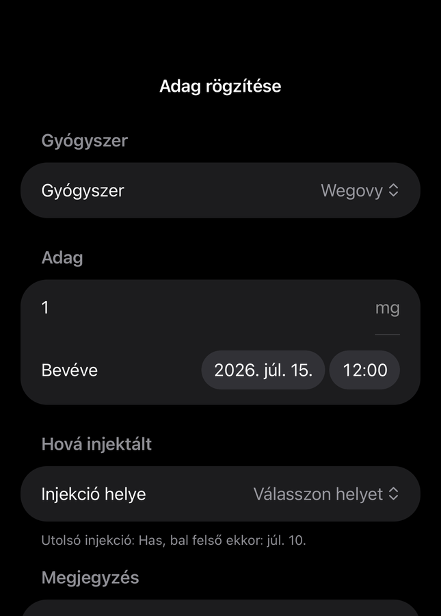A Dial adagűrlapja gyógyszer, mennyiség, idő és injekcióhely mezőkkel