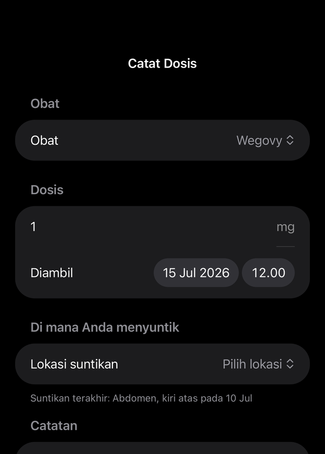 Formulir dosis Dial dengan bidang obat, jumlah, waktu, dan lokasi suntikan