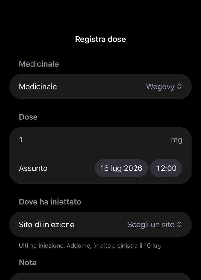 Modulo dose di Dial con i campi farmaco, quantità, ora e sito di iniezione