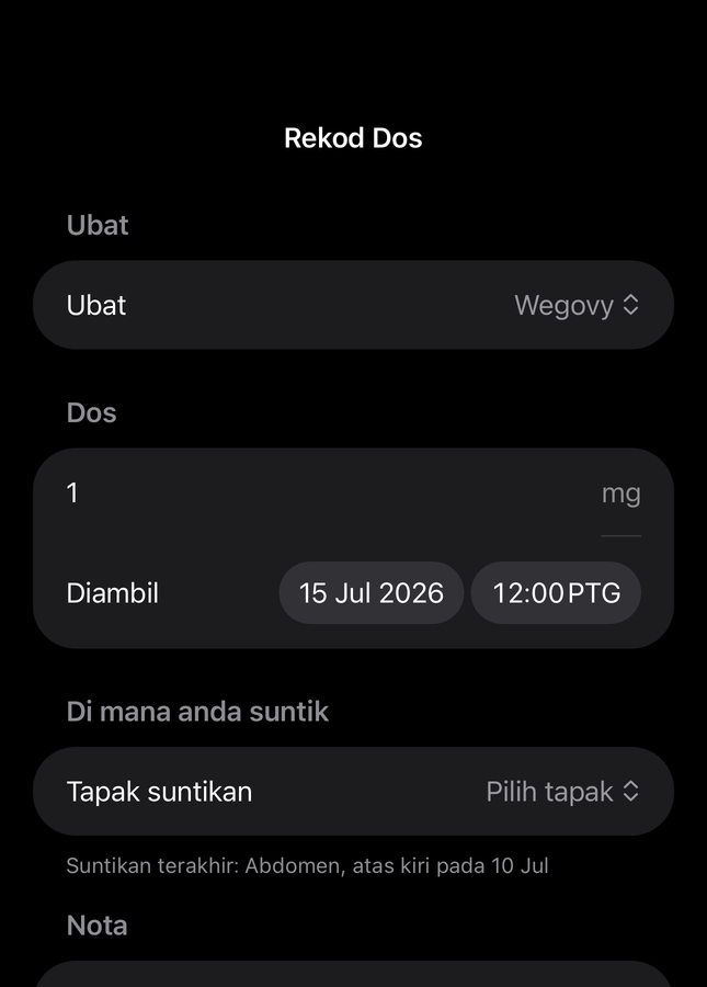 Borang dos Dial dengan medan ubat, jumlah, masa dan tapak suntikan