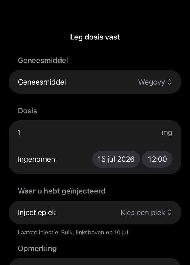 Dial-dosisformulier met velden voor medicijn, hoeveelheid, tijd en injectieplaats