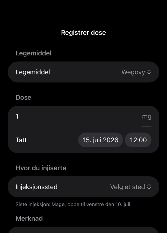 Dial-doseskjema med felt for legemiddel, mengde, tid og injeksjonssted