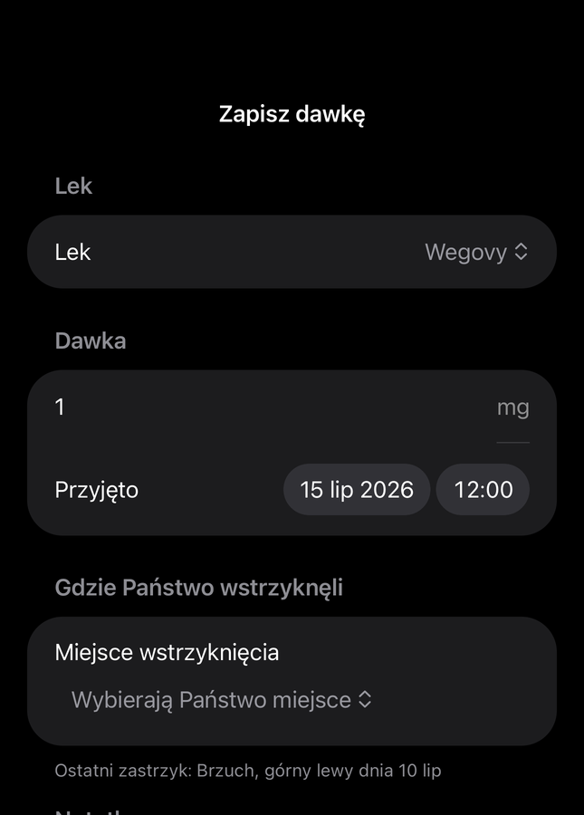 Formularz dawki w Dial z polami leku, ilości, czasu i miejsca wstrzyknięcia