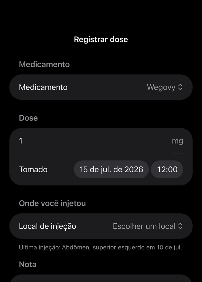 Formulário de dose do Dial com os campos medicamento, quantidade, hora e local de injeção