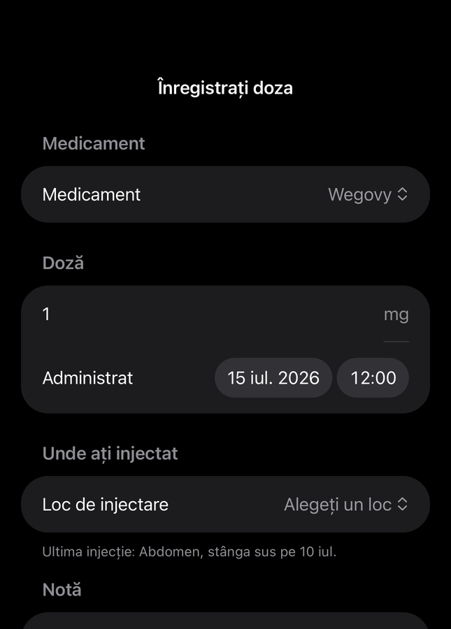 Formularul de doză Dial cu câmpuri pentru medicament, cantitate, oră și loc de injecție