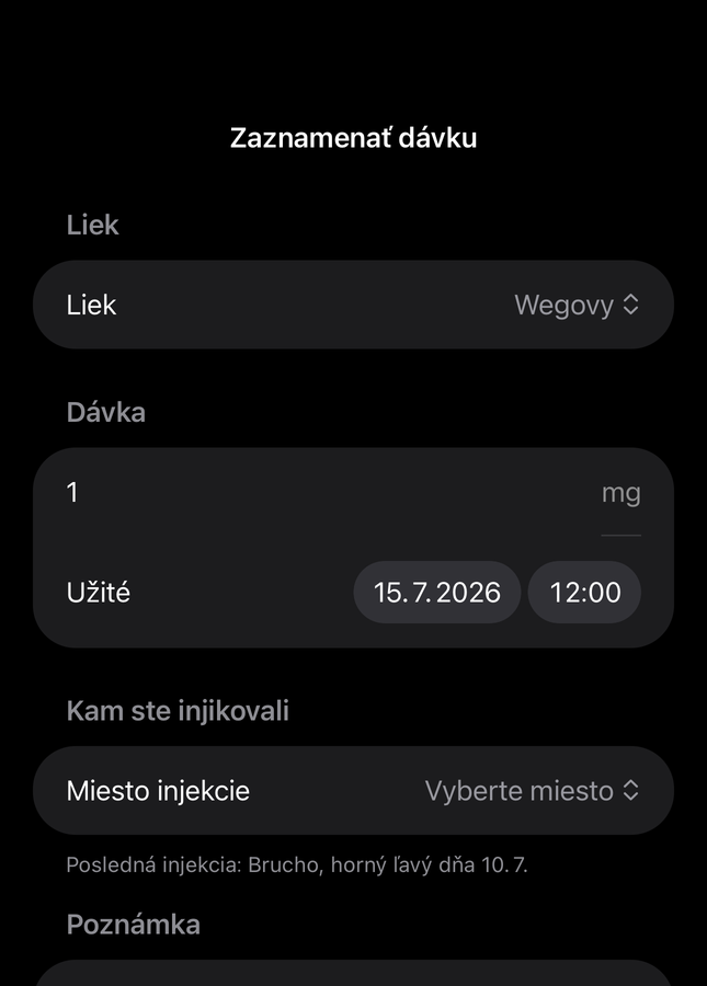 Formulár dávky Dial s poľami pre liek, množstvo, čas a miesto vpichu
