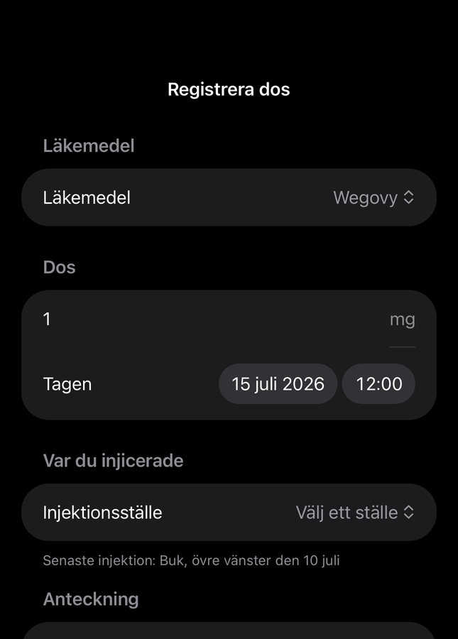 Dial-dosformulär med fält för läkemedel, mängd, tid och injektionsställe