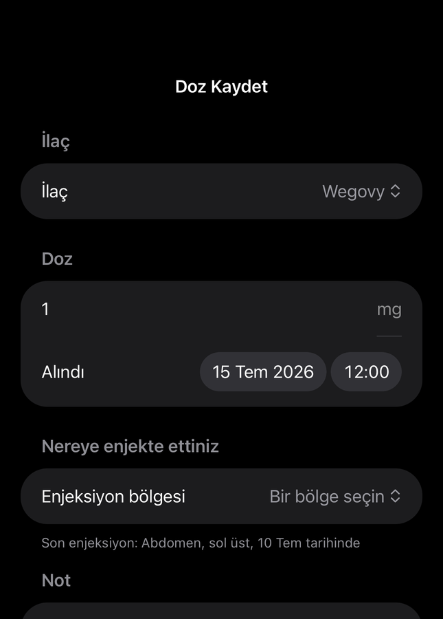 İlaç, miktar, saat ve enjeksiyon yeri alanlarıyla Dial doz formu