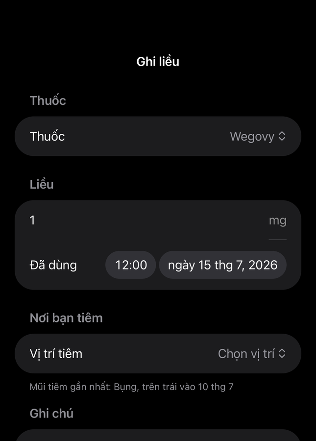 Biểu mẫu liều Dial với các trường thuốc, lượng, giờ và vị trí tiêm
