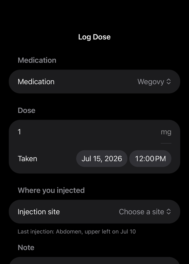 Dial dose form with medication, amount, time, and injection site fields
