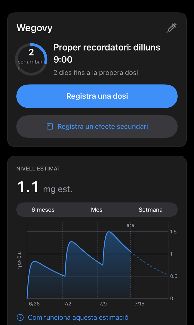 Pantalla Avui de Dial amb el proper recordatori, el nivell estimat del medicament i un botó per registrar una dosi