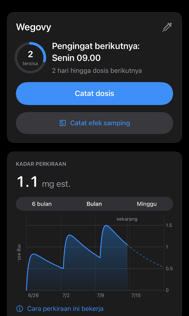 Layar Hari Ini Dial dengan pengingat berikutnya, tingkat obat perkiraan, dan tombol untuk mencatat dosis