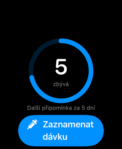 Dial na Apple Watch s cyklickým kroužkem, který odpočítává dny do další dávky, další připomínkou a tlačítkem k záznamu