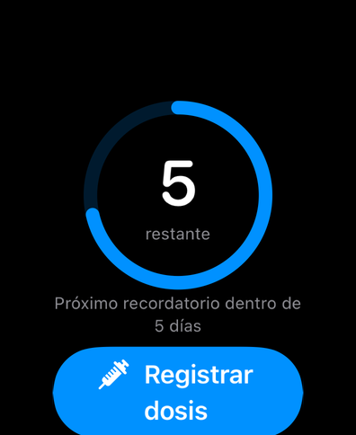Dial en Apple Watch con un anillo de ciclo que cuenta los días hasta la próxima dosis, el próximo recordatorio y un botón para registrar la dosis