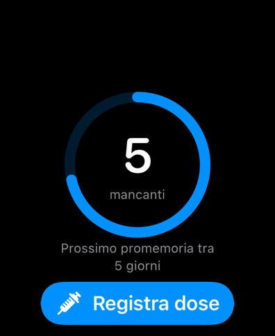 Dial su Apple Watch con un anello di ciclo che conta i giorni alla prossima dose, il prossimo promemoria e un pulsante per registrare