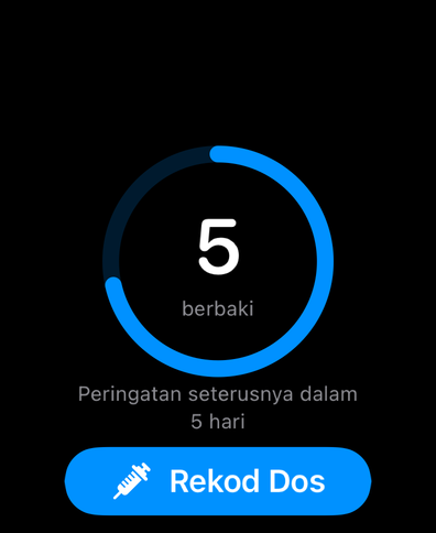 Dial pada Apple Watch dengan cincin kitaran yang mengira hari hingga dos seterusnya, peringatan seterusnya dan butang rekod