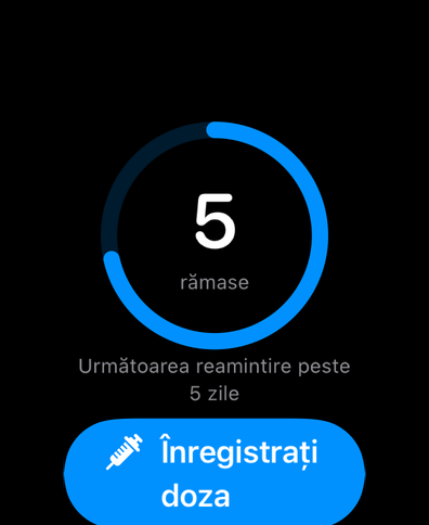 Dial pe Apple Watch cu un inel de ciclu care numără zilele până la următoarea doză, următoarea reamintire și un buton de înregistrare