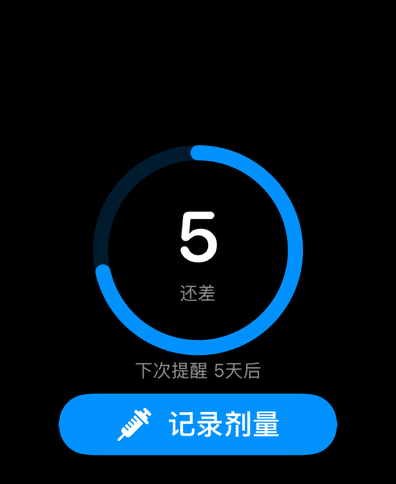 Apple Watch 上的 Dial，周期环显示距下次剂量还有几天，并显示下次提醒和记录按钮
