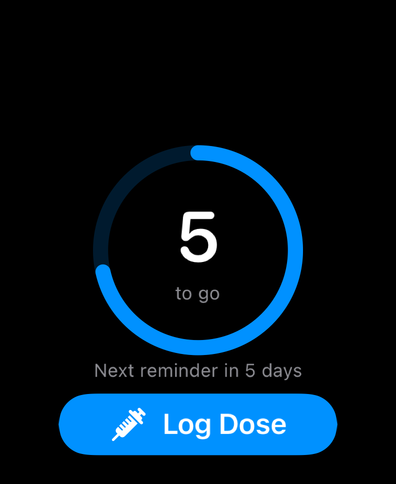 Dial on Apple Watch showing a cycle ring counting down the days to the next dose, the next reminder, and a Log Dose button