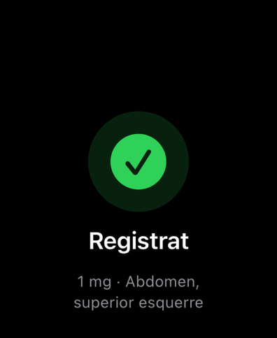 Dial a l’Apple Watch confirma una dosi registrada amb una marca i mostra la quantitat i el lloc d’injecció