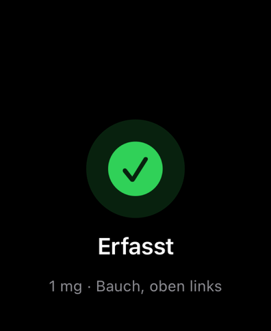 Dial auf der Apple Watch bestätigt eine erfasste Dosis mit einem Häkchen, zeigt Menge und Injektionsstelle
