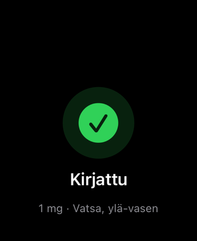 Dial Apple Watchissa vahvistaa kirjatun annoksen rastilla ja näyttää määrän ja pistoskohdan