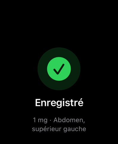 Dial sur Apple Watch : confirmation d'une dose enregistrée, quantité et site d'injection