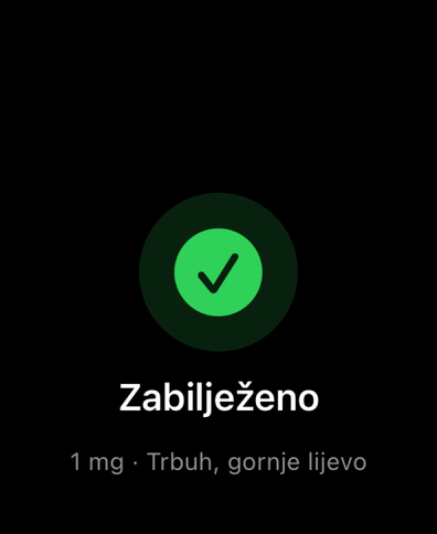 Dial na Apple Watchu potvrđuje unesenu dozu kvačicom i pokazuje količinu i mjesto injekcije