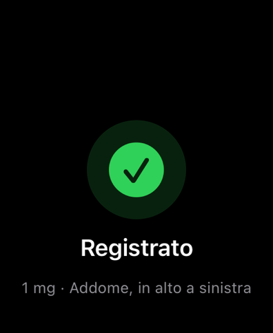 Dial su Apple Watch conferma una dose registrata con un segno di spunta, mostrando quantità e sito di iniezione