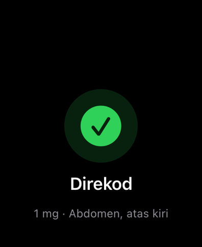 Dial pada Apple Watch mengesahkan dos direkod dengan tanda semak serta menunjukkan jumlah dan tapak suntikan