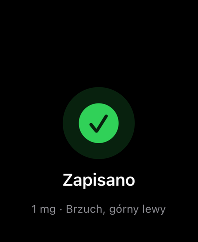 Dial na Apple Watch potwierdza zapisaną dawkę znakiem zaznaczenia i pokazuje ilość oraz miejsce wstrzyknięcia