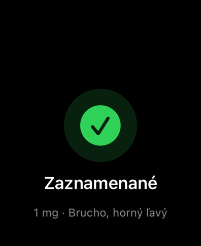 Dial na Apple Watch potvrdzuje zaznamenanú dávku fajkou a ukazuje množstvo a miesto vpichu