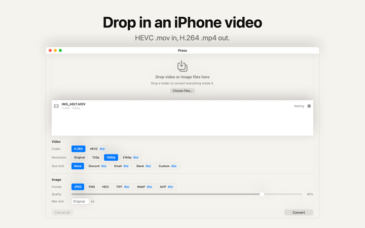 Press window with an iPhone video queued for H.264 1080p conversion, under the caption Drop in an iPhone video